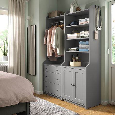 HAUGA Storage combination, gray, 543/4x181/8x783/8" - IKEA Ikea Organization Hacks, Entryway Storage Cabinet, Ikea Living Room, Open Wardrobe, Room Hacks, Ikea Furniture Hacks, Painted Drawers, Ikea Family, Furniture Hacks