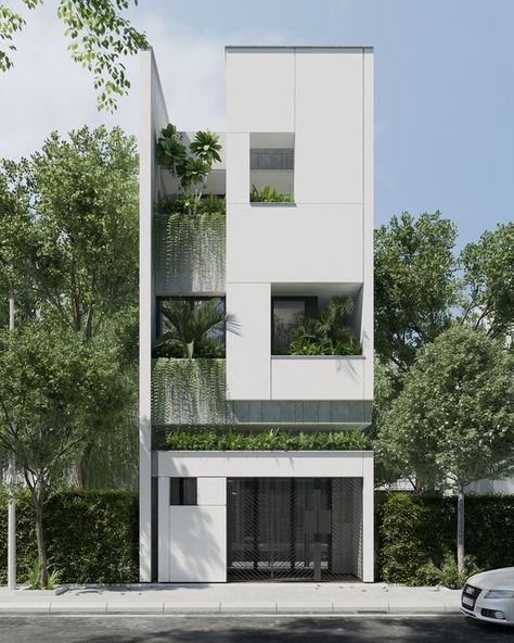 House Side Elevation Designs, 5 Floor Building Design, Facade Landscape, Japanese Small House, Flat House Design, Vertical House, Home Designs Exterior, Narrow House Designs, Facade Architecture Design