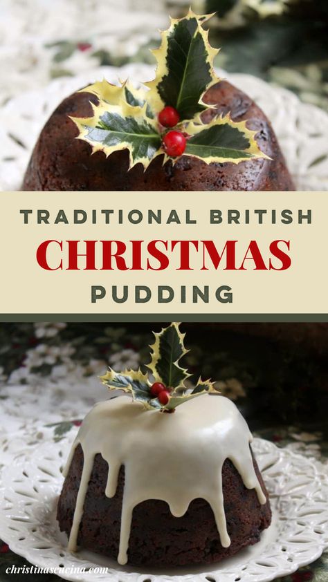 Traditional British Christmas Pudding is a make-ahead, steamed, fruit filled dessert which is set alight when served. It is beautiful culmination of many British Christmas dinners. Jamie Oliver Christmas Pudding, British Christmas Baking, Traditional British Christmas Cake, English Christmas Pudding Recipes, Plumb Pudding Christmas, British Christmas Pudding, British Christmas Pudding Recipe, Great British Bake Off Recipes Christmas, English Steamed Pudding Recipe