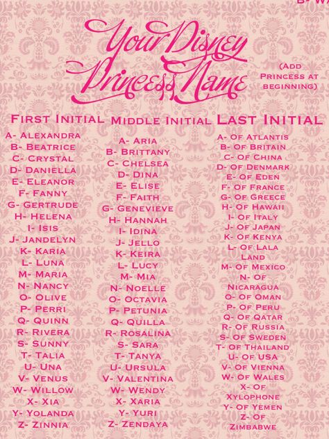 Disney Princess Name Generator. If your  middle initial is J, you could very well end up Princess Fanny Jello of Lala Land. Princess Names, Funny Name Generator, Disney Princess Names, Princess Name, Name Maker, Birthday Scenario, Barbie Inspired, Fantasy Names, Name Games