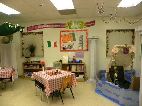 Decorating classroom for Italian theme with a gondola Italy Classroom Theme, Italy Shuffle, Italy Classroom Decoration, Italy Activities, Multicultural Night, Preschool Travel, Decorating Classroom, Teaching Italian, Classroom Decor Middle