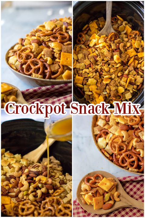 This crockpot snack mix is the perfect mix of savory seasonings, crackers, cereal, pretzels, nuts and more. It is simple to make and is perfect for snacking on during parties, game night, holidays and more. Savory Chex Cereal Recipes, Chex Mix With Cheese Its, Pioneer Woman Snack Mix Recipes, Snack Mix With Sesame Sticks, Crockpot Check Mix Easy Recipes, Healthier Chex Mix Recipes, Cereal Mix Snacks Holiday Parties, Chex Mix In Crockpot, Chex Mix Recipes Savory Bold