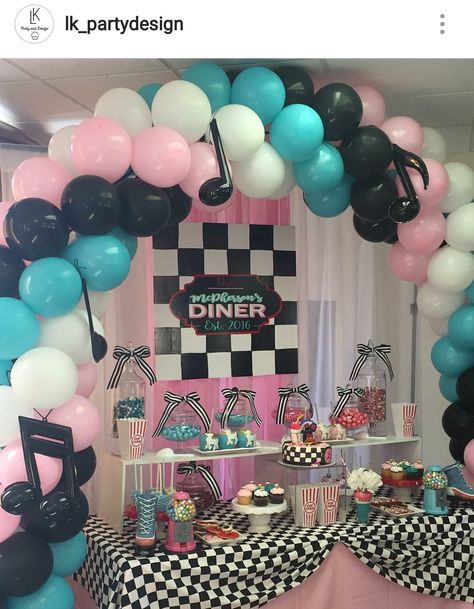 50s Inspired Dessert Table and Decor 50s And 60s Party Ideas, 50 Themed Party 1950s, 50s Sweet 16 Party, Diner Balloon Decor, 50s Backdrop Ideas, 50s Style Party, 50s Theme Table Centerpieces, 50s Dance Party Decor, 50s Quinceanera Theme