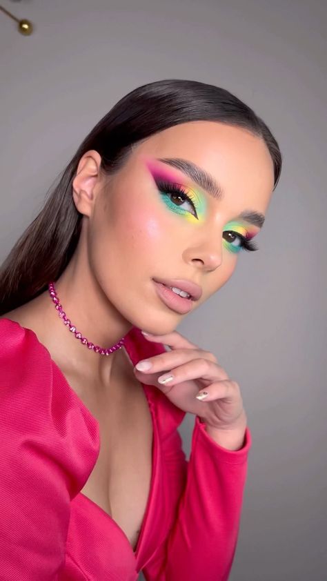 Multi Colored Makeup Looks, Dramatic Colorful Eye Makeup, Colorful Editorial Makeup, Full Color Makeup, Maquillaje Full Color, Editorial Colorful Makeup, Colourful Editorial Makeup, Spring Eye Makeup, Pride Aesthetic