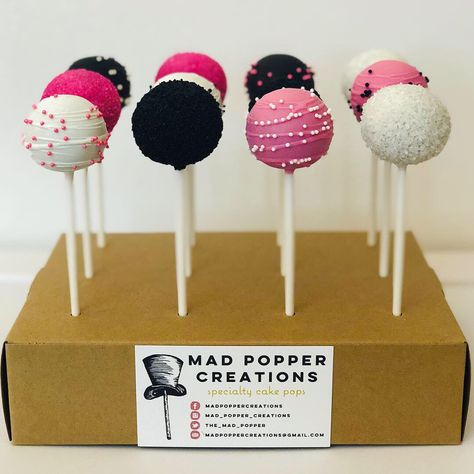 Pink And Black Cake Pops, Hot Pink Cake Pops, Black And Pink Bachelorette Party, Pink Black Cake, Black Cake Pops, 2000s Birthday Party Theme, 2000s Birthday, Hot Pink Cakes, Black White Cakes