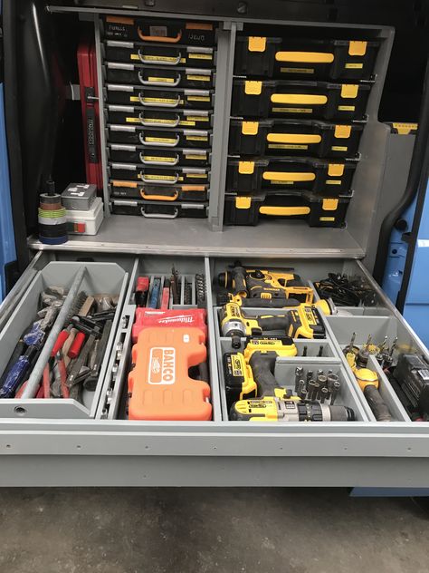 Ute Tool Box Organization, Work Van Storage, Van Setup, Mobile Tool Box, Dewalt Tough System, Transit Connect Camper, Tool Bag Organization, Van Organization, Box Organization