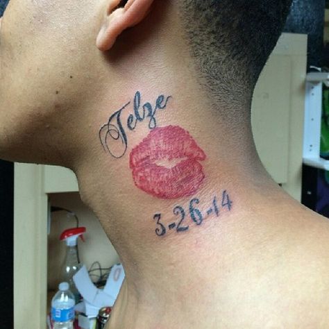 33 Lip Tattoo Kiss Tattoo On Neck, Kiss Lip Tattoos, Red Lips Tattoo, Lip Print Tattoos, Lips Tattoo, Kiss Tattoos, Lipstick Tattoos, Neck Tattoo For Guys, Back Of Shoulder Tattoo