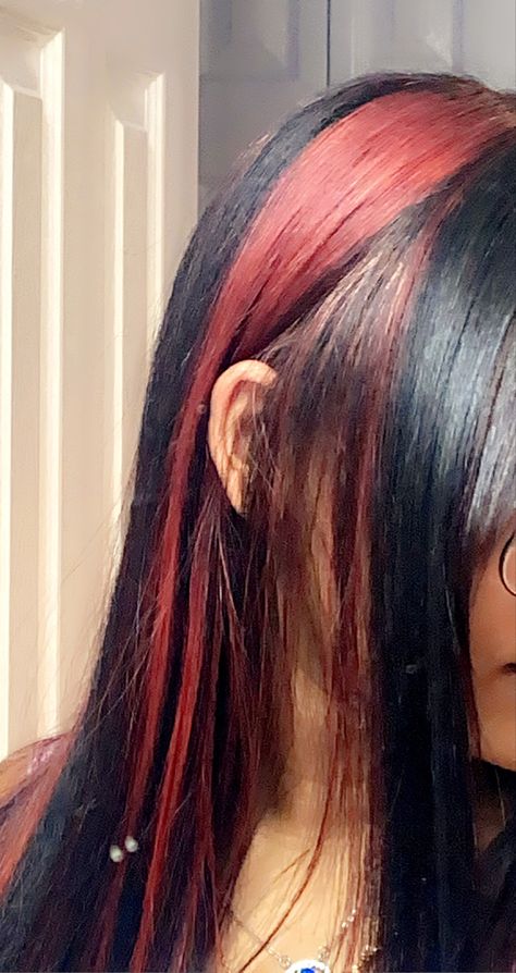 Colored Stripes In Hair, Black And Red Skunk Stripe Hair, Red Hair Inspo Highlights, Red Streak In Hair, Red Hair Skunk Stripe, Red Skunk Highlights, Skunk Stripe Hair Red, One Strip Of Color In Hair, Red Strands In Hair