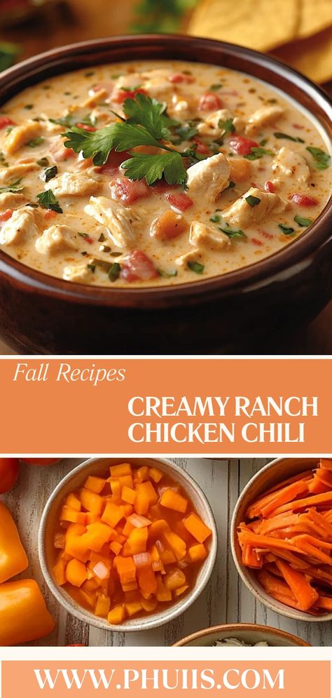 This Creamy Ranch Chicken Chili is a delicious and hearty slow-cooked meal that combines tender chicken, smoky bacon, creamy cheese, and flavorful spices, all brought together in a rich broth. The combination of ranch seasoning and southwestern ingredients creates a unique flavor profile that’s both comforting and satisfying. Creamy Ranch Chicken Chili, Ranch Chicken Chili, Ranch Chili, Creamy Ranch Chicken, Creamy Ranch, Cooked Meal, Slow Cooked Meals, Everything Pumpkin, Baked Treats