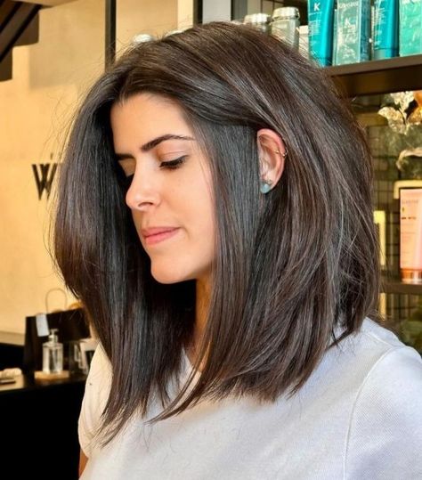 Thick Center-Parted Inverted Long Bob Long Bob Volume Hair, Inverted Long Bob With Layers, Long Bob Volume, Long Bob With Extensions For Volume, Inverted Layered Bob Hairstyles, Voluminous Lob, Inverted Lob Haircut, Long Inverted Bob, Voluminous Lob Haircut