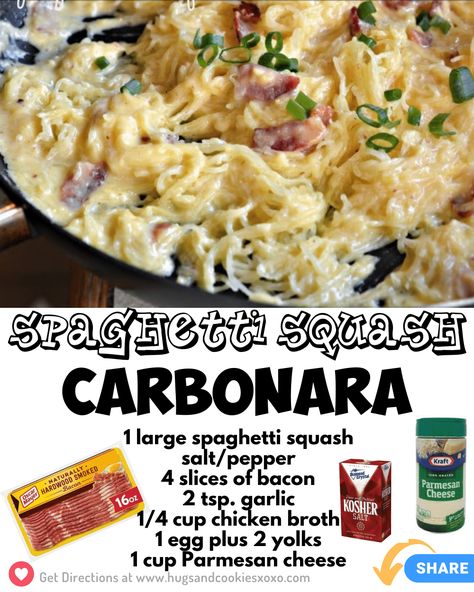 Spaghetti Squash Carbonara - Hugs and Cookies XOXO Spaghetti Squash Pancakes, Squash Grilled, Spaghetti Squash Shrimp, Spaghetti Squash Carbonara, Squash Carbonara, Squash Pancakes, Carbonara Ingredients, Carbonara Sauce, Spaghetti Squash Recipes