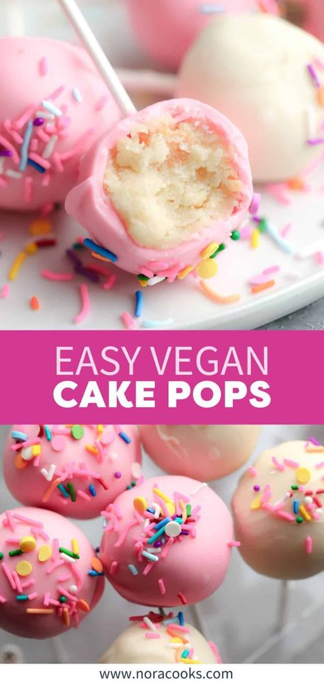 These Vegan Cake Pops are as much fun to make as they are to eat! Homemade vegan vanilla cake and frosting are mixed together, rolled into balls, and dipped in melted chocolate. The perfect two-bite dessert for parties or to gift to family and friends! | vegan cake pops recipe easy | easy vegan cake pops recipe | vegan cake pops recipe vanilla Gluten Free Vegan Snacks For Party, Vegan Easy Baking, Vegan Dessert Board, Cute Vegan Desserts, Healthy Vegan Treats, Healthy Vegan Baking, Vegan Deserts Ideas, Easy Vegan Dessert Quick, Vegan Smash Cake