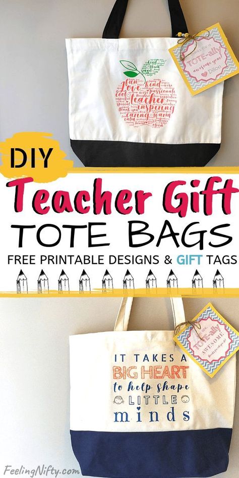 These easy DIY homemade tote bags make great end of year gifts for your kids teachers. They are cheap to make, but are very unique at the same time. Also great for preschool, back to school gift ideas, daycare, thank you gifts, Christmas and holiday gift ideas. Includes free printables iron on designs and teacher gift tags #teacherGifts #teacherAppreciation #EndOfYear #DIYGifts #DaycareGifts #RreschoolGifts #TeacherGiftIdeas End Of The Year Teacher Gift Ideas Cricut, Cricut Teachers Gift Ideas, Diy For Teachers Gifts, End Of Year Teacher Gifts Preschool, Diy Thank You Gifts For Teachers, Diy End Of Year Teacher Gifts, Preschool Teacher Gifts End Of Year, Teacher Bag Ideas, Gifts For Teachers End Of Year