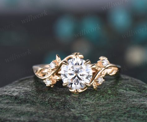 This ring is handmade by myself. The main stone is a 6.5mm round cut  moissanite,about 1ct. The side stones are moissanites or diamonds. The band width is about 1.4mm. The material is solid 14k gold(white,yellow,rose gold is also available) Ring size can be choose from the selection box. Matching band available: https://www.etsy.com/shop/willwork?section_id=20674906 This jewelry can also be made in solid 10k,14k,18k gold,with real diamonds.Contact me! Need rush order? contact me! Need custom making order? Contact me! I have confidence on my jewelry.30 days money back guarantee!(For returned item,as this is handmade jewelry.Handcrafted fee and shipping fee will be deducted,others will be refunded soon) Thanks for your visiting! Wedding Ring Women, Engagement Ring Yellow Gold, Lab Grown Diamond Engagement Ring, Jewellery Design Sketches, Yellow Engagement Rings, Engagement Ring Diamond Cut, Lab Grown Diamonds Engagement, Gold Art Deco, Yellow Gold Engagement Rings