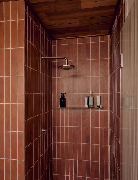 Red Tile Bathroom, Terracotta Tiles Bathroom, Apartment Transformation, Terracotta Bathroom, Mcm Bathroom, Sustainable Diy, Tile Renovation, Timber Roof, Mid Century Bathroom