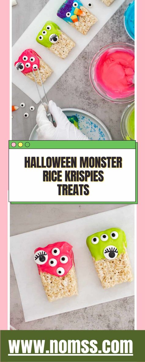 These homemade Halloween Monster Rice Krispies Treats with candy eyeballs are so much fun to make with kids of all ages! Get into the spooky spirit with simple ingredients like unsalted butter, mini marshmallows, candy googly eyes, and different-coloured icing. Make these festive creepy treats for bake sales and Halloween parties. Enjoy getting creative and making these delicious, fun cereal treats! decorating halloween monsters rice krispies treats recipe rice krispie treats halloween monsters Rice Krispie Treats Halloween, Monster Rice Krispie Treats, Kids Bake Sale, Rice Krispies Treats Recipe, Easy Desserts For Kids, Halloween Rice Krispie Treats, Rice Krispies Recipe, Decorating Halloween, Monster Treats