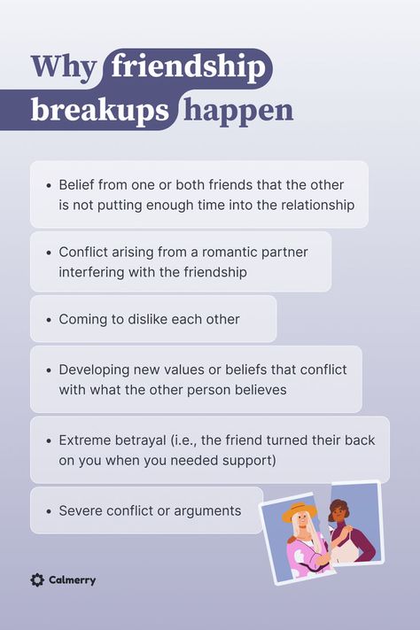 Belief from one or both friends that the other is not putting enough time into the relationship
Conflict arising from a romantic partner interfering with the friendship
Coming to dislike each other
Developing new values or beliefs that conflict with what the other person believes
Extreme betrayal (i.e., the friend turned their back on you when you needed support)
Severe conflict or arguments Ending A Friendship, How To End A Friendship, Friendship Breakup, Lost Friendship, Relationship Conflict, Comfort Quotes, Therapeutic Activities, Mental Health Awareness, Psychology