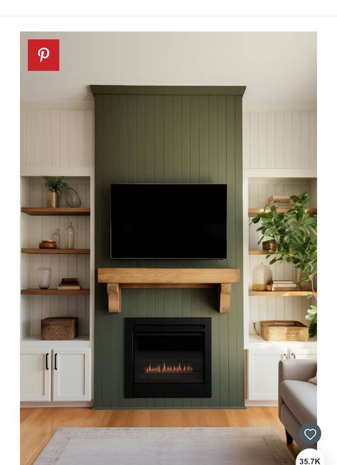 Sage Green Media Wall, Green Tv Wall Living Room, Green Media Wall, Sage Green Fireplace, Green Fireplace Wall, Mid Century Fireplace Makeover, Green Fireplace, Den Area, Mid Century Fireplace