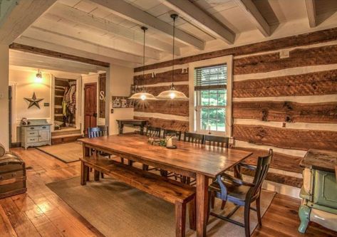 Square Log Homes Interior, Cabin Interiors Pine Walls, Log Cabin With Addition, Log Cabin Homes Bedroom Master Suite, Log Cabin Interior Stain Colors, Log Cabin White Ceiling, Cabin Dinning Room Ideas, Log House Renovation, Cabin Windows Ideas