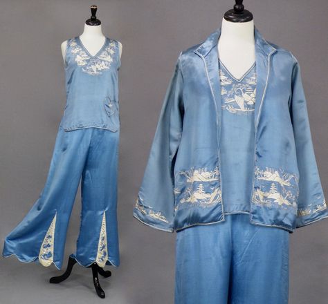 Vintage 1930s Beach Pajamas, 30s Loungewear Set, 3pc Chinese Embroidered Blue Silk Wide Leg Pants, Top and Jacket, Medium