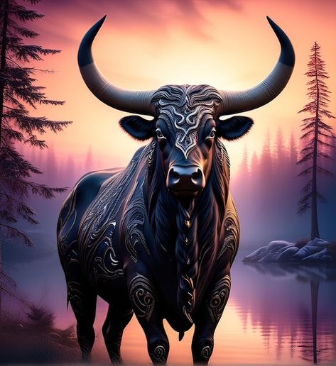 Ox Photos, Ox Illustration, Ox Art, Sunset Digital Art, Forest At Sunset, Forest Sunset, Digital Art Illustration, Premium Photo, Ox