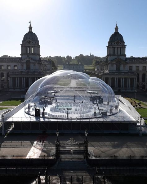 The inflatable structure was reused for the brand's Spring Summer 2023 show. Structured Fashion, Frieze London, Dome Homes, Dome Structure, Half Walls, Temporary Structures, Event Stage, Italian Fashion Brands, Dome House