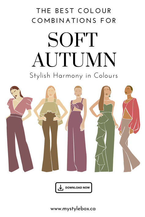 The best color combinations for the Soft Autumn Season Autumn Season Color Palette, Season Color Palette, Best Colour Combinations, Wardrobe Palette, Soft Autumn Makeup, Best Color Combinations, Autumn Color Palette Fashion, Soft Autumn Palette, Soft Autumn Color Palette