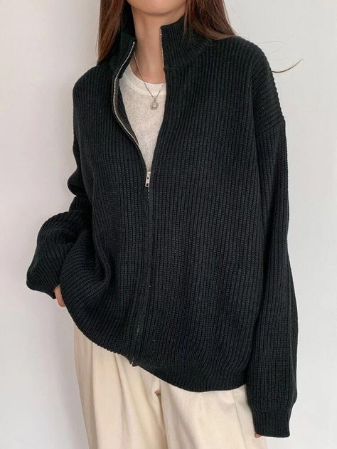 Zip Up Cardigan, Fits Clothes, Late Fall, Cardigan Outfits, Going Out Outfits, 가을 패션, Zip Up Sweater, Petite Outfits, Black Style