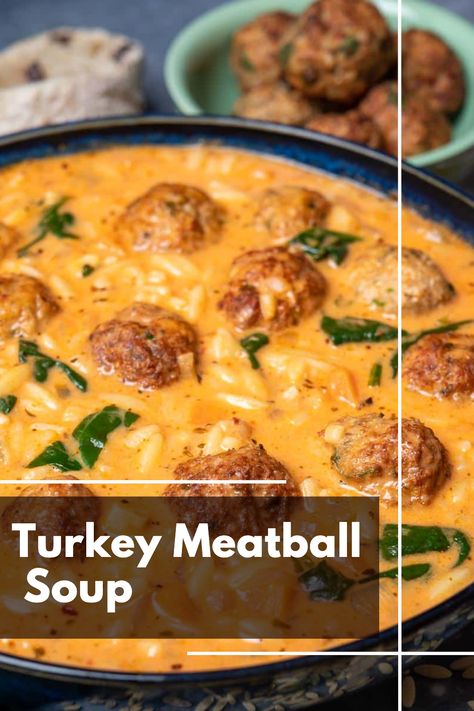 Turkey meatball soup is an easy yet super comforting recipe that’s just perfect for a busy weeknight. You can even make the meatballs ahead and freeze them to save time! Meatball Barley Soup, Frozen Meatball Soup Recipes Easy, Turkey Meatball Soup Recipes, Creamy Meatball Soup, Turkey Meatball Soup, Comforting Casseroles, Low Calorie Recipes Dinner, Meatball Soup Recipes, Comfort Recipes