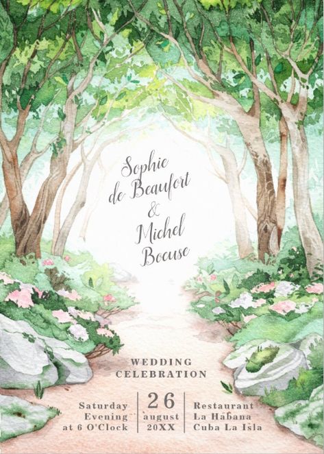 Fairy Garden Wedding Invitations, Watercolor Wedding Theme, Enchanted Forest Wedding Invitations, Postcard Font, String Lights Outdoor Wedding, Forest Wedding Invitation, Woodland Fairy Birthday Party, Bride And Groom Ceremony, Safe The Date