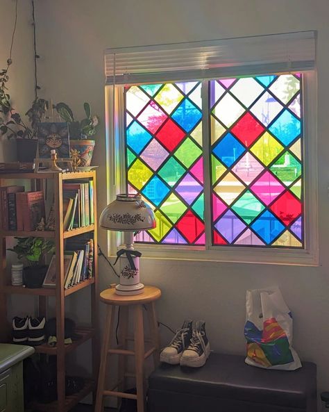 Stained Glass Room Decor, Rent Friendly Diy, Stained Glass Apartment, Stained Glass In Apartment, Aesthetic Stained Glass Window, Fake Stain Glass Windows Diy, Fake Stained Glass Window, Diy Removable Stained Glass Window, Rent Friendly Decorating