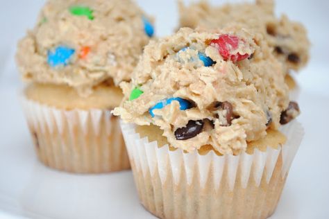 One Bowl Monster Cookie Dough Cupcakes (4 Servings) - Something Swanky Cookie Dough Icing, Monster Cookie Dough, Cookie Cupcakes, Cookie Dough Cupcakes, Cookie Dough Frosting, Peanut Butter Cupcakes, Monster Cookie, Butter Cupcakes, Desserts Vegan