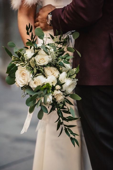 Green And Silver Wedding Bouquet, Dark Green And White Flowers, Green White And Gold Bouquet, Bridal Bouquet Winter Wedding, Dark Green And White Bouquet, Bridal Bouquet Classic, White And Green Bridal Bouquet, Cream Wedding Bouquet, Bridal Party Color Schemes