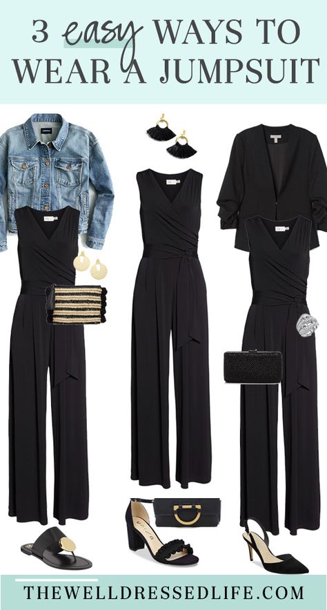 How to Wear a Jumpsuit 3 Ways and Style Tips via @https://www.pinterest.com/megkristel/ Black Pant Jumpsuit Outfits, Black Casual Jumpsuit Outfit, Black Jump Suites Outfit, Dressing Up Jumpsuit, Black Jumpsuit Work Outfit, Jumpsuit Accessories Classy, Jumpsuit Outfit Business Casual, Dress Up Black Jumpsuit, Work Award Ceremony Outfit