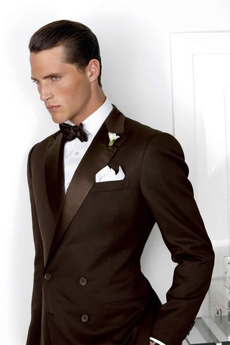 Double Breasted Tuxedo with Shalw Collar and Boutonniere by Ralph Lauren Purple Label Spring Summer 2011 Brown Tux, Gentleman Mode, Double Breasted Tuxedo, Brown Wedding, Sharp Dressed Man, Purple Label, Ralph Lauren Purple Label, Well Dressed Men, Gentleman Style