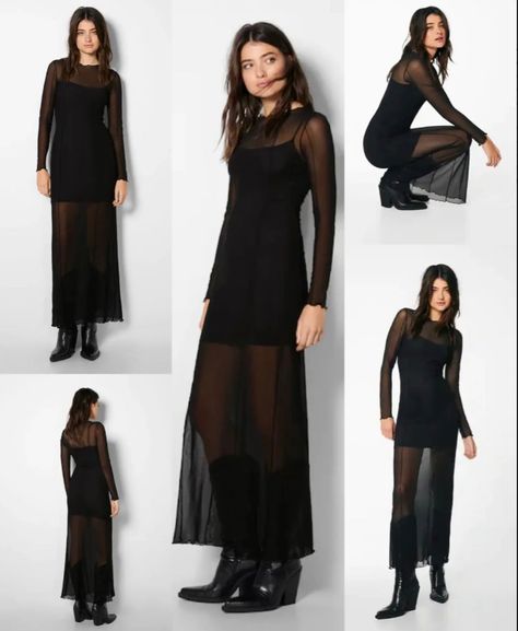 Mesh Lace Dress, Sheer Black Dresses For Fall, Black Mesh Dress With Sheer Long Sleeves, Sheer Black Dress Aesthetic, Zara Black Sheer Dress, Gothic Black Sheer Dresses, Black Sheer Dress, Transparent Dress, Daily Outfit Inspiration