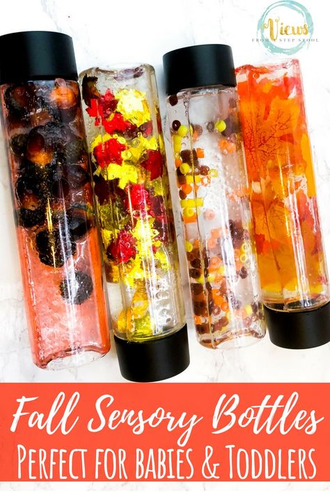 These Fall sensory bottles contain leaves, acorns and pony beads to create visual and tactile sensory bottles for kids. Great for babies and toddlers.  #sensoryplay #sensorybottles #fallactivities #kidsactivities #preschool #parenting #fallsensoryplay Fall Sensory Bottles, Sensory Bottles For Babies, Bottles Photography, Sleep Humor, Sensory Bottles Preschool, Raising Dragons, Baby Serie, Fall Sensory Bin, Fall Activities For Toddlers