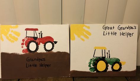 Footprint tractors for grandpa and great grandpa Handprint Tractor Craft, Tractor Footprint Craft, Grandpa Diy Gifts From Kids, Handmade Gifts For Grandpa, Footprint Tractor, Tractor Crafts, Baby Footprint Art, Baby Artwork, Footprint Craft