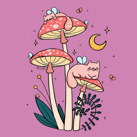 Fave • Instagram Mushroom Cat Painting, Mashrooms Drawing Aesthetic Indie, Shroom Painting Trippy, Mushroom Illustration Trippy, Magic Mushroom Art Trippy, Cottagecore Art, Kids Room Inspiration, Canvas Painting Designs, Hippie Art