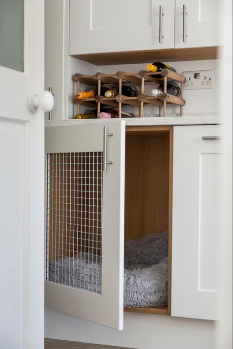 Built In Dog Crate Kitchen, Under Cabinet Dog Bed, Dog Cupboard, Kitchen Dresser With Dog Bed, Built In Cabinet Dog Kennel, Dog Cage Built In Cabinet, Built In Dog Bed, Built In Coffee Bar, Custom Dog Kennel