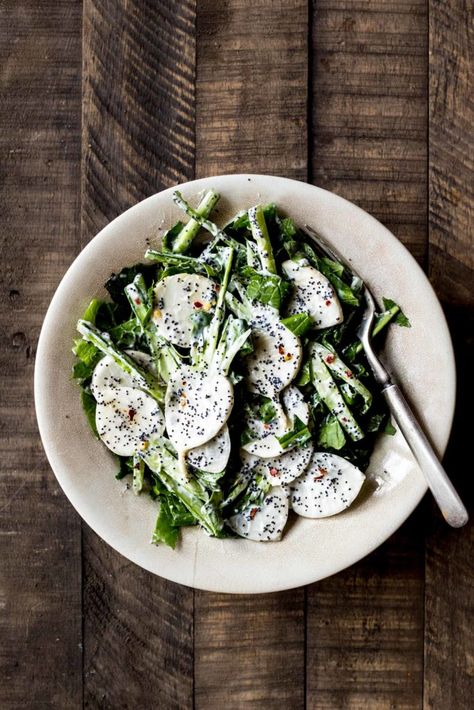 Turnip Salad with Yogurt, Herbs & Poppy Seeds - Dishing Up the Dirt Joshua Mcfadden Recipes, Epic Salads, Turnip Salad, Salad With Herbs, Turnip Recipes, Six Seasons, Leafy Salad, Farmers Market Recipes, Meat Salad