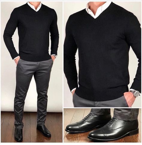 Camisa blanca, suéter negro cuello V, pantalón gris oxford y zapatos negros. Chris Mehan, Elegant Men Style, White Oxford Shirt, Sweater Outfits Men, Mens Business Casual Outfits, Formal Men Outfit, Mens Fashion Wear, Sweater Ideas, Mens Fashion Smart