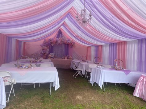 Tent With Draping, Rapunzel Quinceanera Theme, Party Tent Decorations, Cinderella Quinceanera Themes, Butterfly Baby Shower Decorations, Gender Reveal Baby Shower Themes, Party Canopy, Purple Drapes, Cute Anniversary Gifts