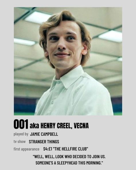 001 Henry Creel Vecna stranger things character poster minimal polaroid Stranger Things Character Posters, 001 Stranger Things, Character Posters, Character Poster, Stranger Things Poster, Poster Aesthetic, Jamie Campbell, Stranger Things Characters, Character Quotes