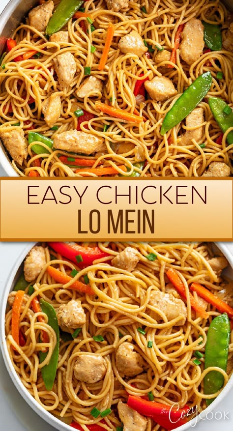 chicken Lo Mein with a mix of vegetables and chunks of chicken Easy Chicken Stir Fry With Noodles, Chicken Lo Mein Recipe Easy, Low Mein Recipe, Savory Noodles, Take Out Restaurant, Chicken Lo Mein Recipe, Chinese Meals, Lo Mein Recipe, Cozy Cook