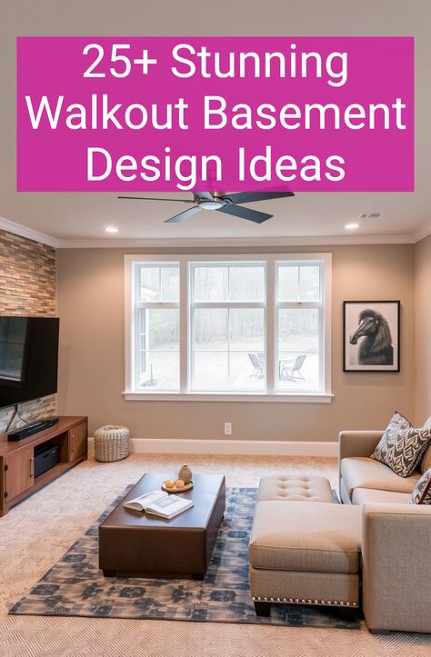 25+ Stunning Walkout Basement Design Ideas Walkout Basement Remodel, Finished Walkout Basement Ideas, Basement Built Ins With Tv, Basement Walkout Ideas, Basement Layout Floorplan, Long Basement Ideas Layout, Daylight Basement Ideas, Walk Out Basements, Walkout Basement Design