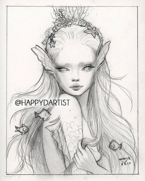 Happy D Artist, Mermaid Sketch, Fairy Drawings, Happy D, Mermaid Drawings, Mermaid Painting, Fantasy Drawings, Arte Sketchbook, Arte Inspo