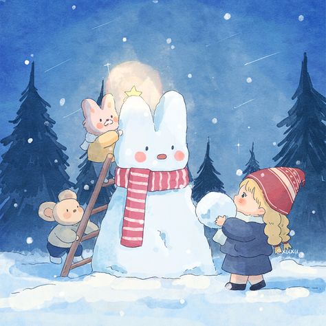 Kawaii Winter Illustration, Winter Cute Drawing, Winter Children Illustration, Snowman Illustration Cute, Christmas Animation Illustration, Sledding Drawing, Christmas Background Drawing, Snow Cartoon Winter, Christmas Oc Art