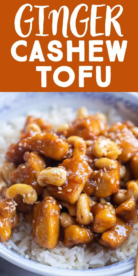 This Sticky Ginger Cashew Tofu is packed with a punch of flavor and also has great texture! It looks like a fancy complicated meal but it's actually super easy to make! The crispy tofu goes perfectly with the ginger sauce and the cashews add a nice bite! Perfect for a quick and easy weeknight vegan dinner. #stickytofu #crispytofu #easyvegandinner #Asiantofurecipe Fancy Tofu Recipes, Garlic Butter Tofu, Vegan Ginger Recipes, Crispy Sticky Tofu, Quick Tofu Dinner, Tofu Cashew, Tofu Dinner Recipes, Asian Tofu Recipes, Ginger Tofu