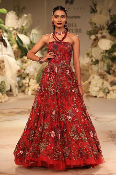 Buy Varun Bahl Mono Net Floral Bloom Embroidered Ball Gown Online | Aza Fashions Embroidered Ball Gown, Ball Gown Red, Varun Bahl, Resham Embroidery, Gown Red, Gown For Women, Flare Gown, Gown Pattern, Red Fits